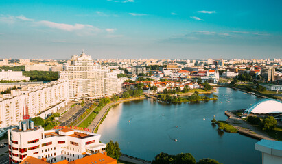 Minsk, Belarus. Elevated View Of Minsk Skyline In Sunny Summer Evening. Nemiga District In Sunset Time. Aerial View Of Cityscape Of Belarusian Capital. Panorama Panoramic View