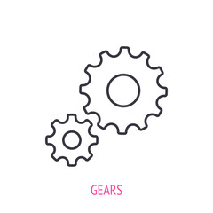Two gears outline icon. Vector illustration. Symbols of team work and engineering. Vehicle mechanism part. Thin line pictogram for user interface. Isolated white background