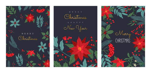 Set of Christmas greeting card, with winter plants, poinsettia, invitation for party, traditional symbol, horizontal frame. Vector illustration in flat cartoon style, isolated on dark blue background.