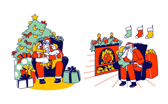 Little Kids Characters Sitting on Santa Knees Whispering in his Ear Telling Secrets, Revealing Gift they Like to Get