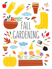 Autumn set of the kitchen garden harvest and tools