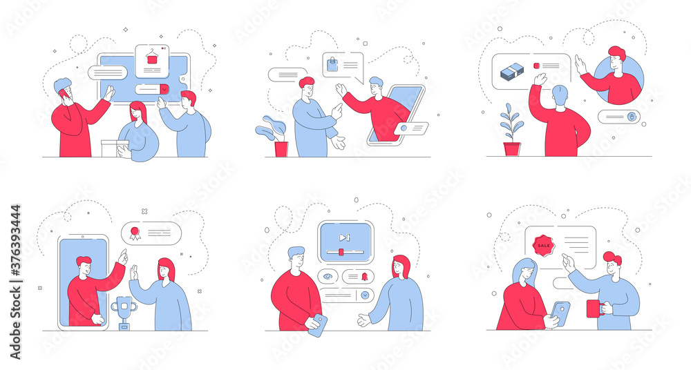 Poster people using help of online managers on websites. set of flat line vector illustrations