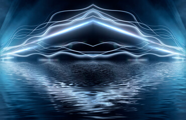 Abstract dark futuristic blue night background. Rays and lines, lightning, lights. Blue neon light, symmetrical reflection in water, energy. 3D illustration.