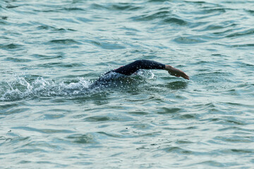 Obraz premium Swimmer swims in sea. Athlete triathlete swimmer drains from water. A professional athlete in triathletes trains for an ironman. The sportsman beautifully floats in blue sea water at competitions