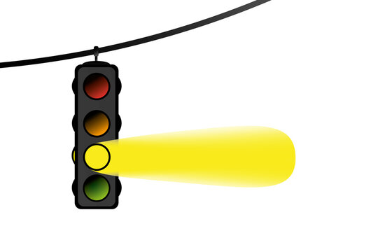 Eine h&auml;ngende vierfarbiger Corona-Ampel mit gelb leuchtendem Signal auf wei&szlig;em Hintergrund.