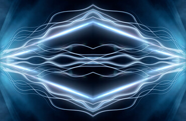 Abstract dark futuristic blue night background. Rays and lines, lightning, lights. Blue neon light, symmetrical reflection in water, energy. 3D illustration.