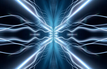 Abstract dark futuristic blue night background. Rays and lines, lightning, lights. Blue neon light, symmetrical reflection in water, energy. 3D illustration.