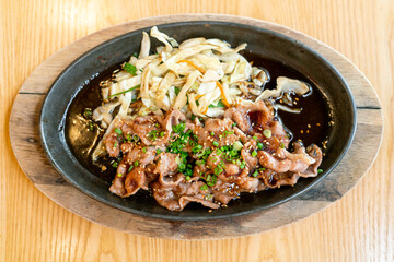 teriyaki pork in hot pan - Japanese food style