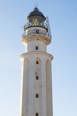 Trafalgar lighthouse in Caños de Meca, Cadiz, Spain. Close-up shot.