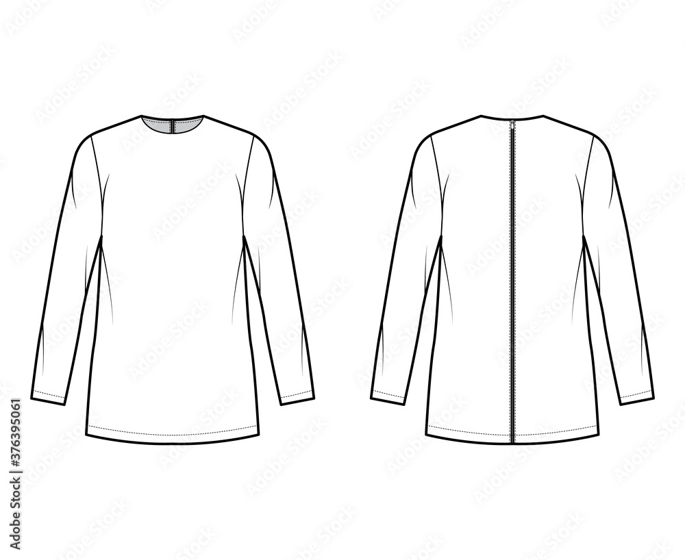 Canvas Prints Cady tunic technical fashion illustration with crew neckline, long sleeves, oversized, back zip fastening, elongated hem. Flat shirt template front back white color. Women men, unisex top CAD mockup