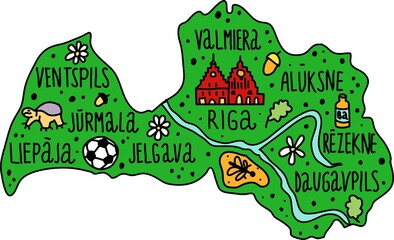 Colored Hand drawn doodle Latvia map. Latvian city names lettering and cartoon landmarks, tourist attractions cliparts. travel, banner concept design. Riga, Ventspils, mail symbols