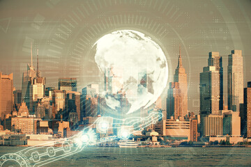 Map and data theme hologram on city view with skyscrapers background double exposure. International technology in business concept.