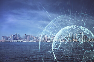 Double exposure of social network theme drawing and cityscape background. Concept of people connecton.