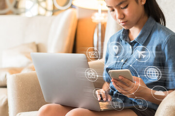 Internet of things - IOT and digital marketing via multi-channel communication network concept with...