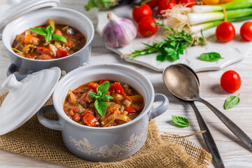 Delicious Italian vegetable minestrone soup with ingredients