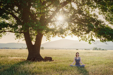 Attractive woman practices yoga in nature in summer.