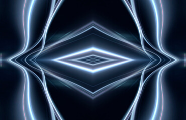 Abstract dark futuristic blue night background. Rays and lines, lightning, lights. Blue neon light, symmetrical reflection in water, energy. 3D illustration.