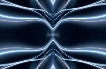 Abstract dark futuristic blue night background. Rays and lines, lightning, lights. Blue neon light, symmetrical reflection in water, energy. 3D illustration.