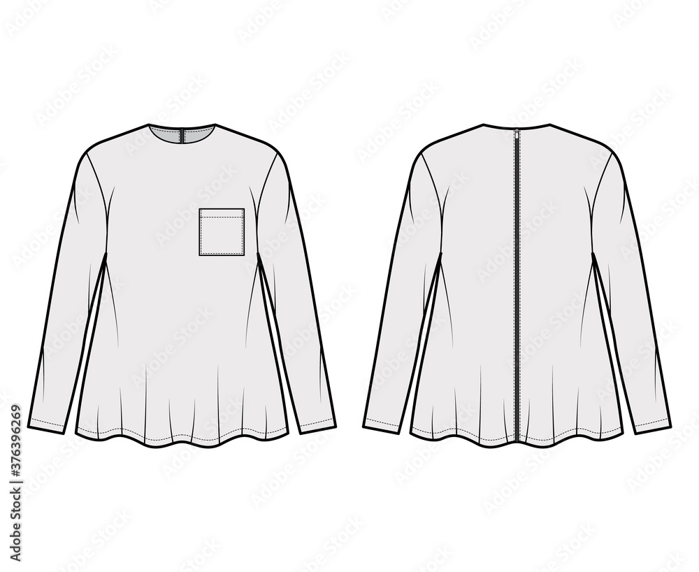 Poster Boyfriend shirt technical fashion illustration with square pocket, crew neck, long sleeves, oversized, flare hem, back zip fastening. Flat template front back grey color. Women unisex top CAD mockup