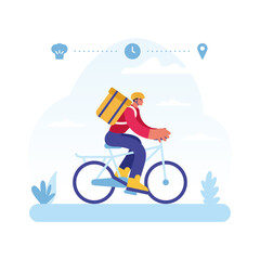 Cartoon male character courier on bicycle delivering food