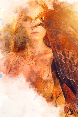Beautiful woman posing on nature with eagle. Digital watercolor image