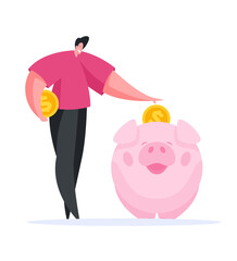 Man saving money in piggy bank. Flat vector illustration