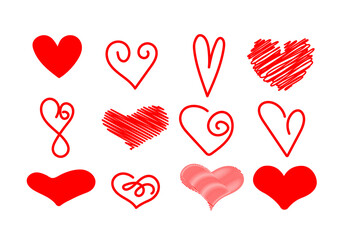 Hand drawn set of hearts. Red hearts, element for valentines day
