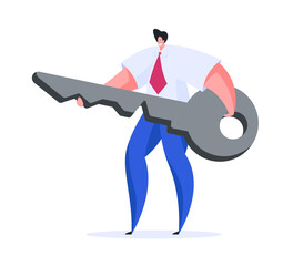 Modern businessman with huge key. Flat vector illustration