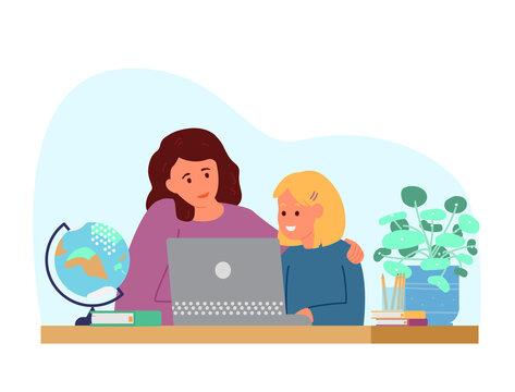 Homeschool Or Online Education. Mother With Daughter Sitting In Front Of Laptop Learning. Flat Vector Illustration.