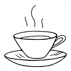 Cup and saucer.  Hot drink.  Tea.  Coffee.  Vector drawing in modern doodle style.
