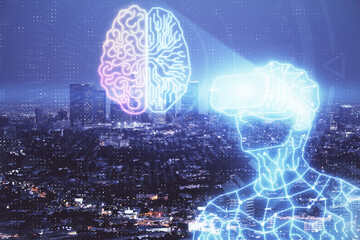 Double exposure of AR people drawing and cityscape background. Concept of augmented reality.