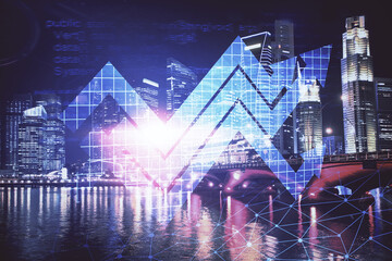 Double exposure of arrows growing up hologram and cityscape background. Concept of success.