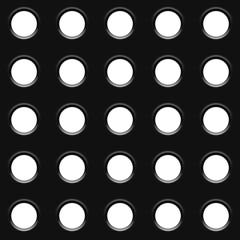 Seamless Circle polka dot Pattern. Black Metal perforated plate. Circle hole structure with shadows. Regular Black Texture. Industrial surface 3d illustration dots on white background.