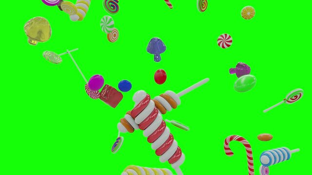 Bright Glamour Sweet Juicy Candies Lollipop Chupa Chups Caramel Toffee Sugar on Green Screen With Alpha Matte