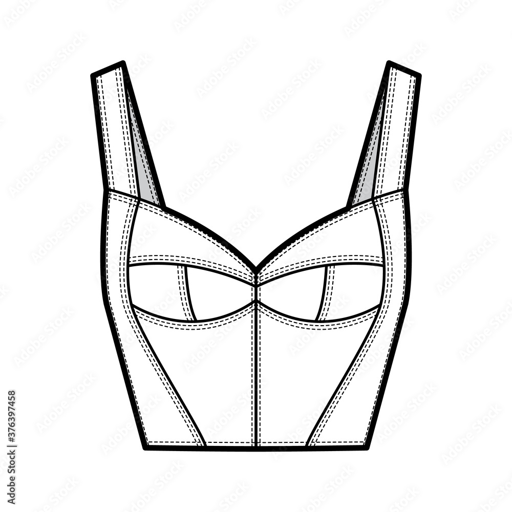 Wall mural Bustier top technical fashion illustration with corset-style silhouette, molded cups, close fit, back zip fastening. Flat apparel template front, white color. Women men unisex shirt CAD mockup - Wall murals
