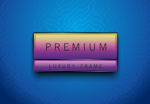 Premium rainbow color label with black frame on classic blue geometric background. Glossy luxury logo template. Vector illustration