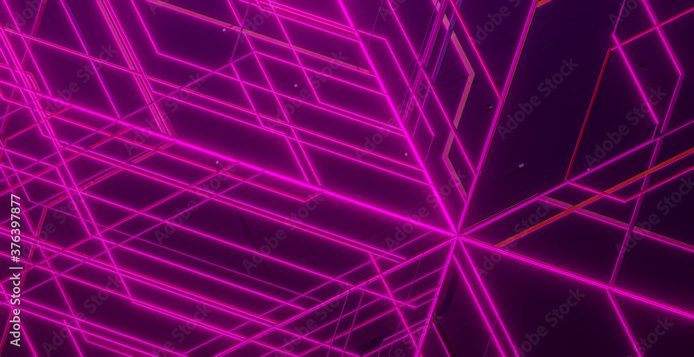 Poster 3d rendering illustration of an abstract background with neon lights and patterns
