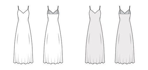 Strap sun dress technical fashion illustration with deep V-neck, maxi ancle length, loose shape, semi-sircular fullness. Flat template front, back, white grey color. Women, men, unisex top CAD mockup