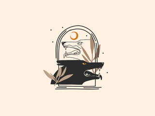Hand drawn vector abstract stock flat graphic illustration with logo elements ,wolves magic line art in simple style for branding ,isolated on white background © anastasy_helter