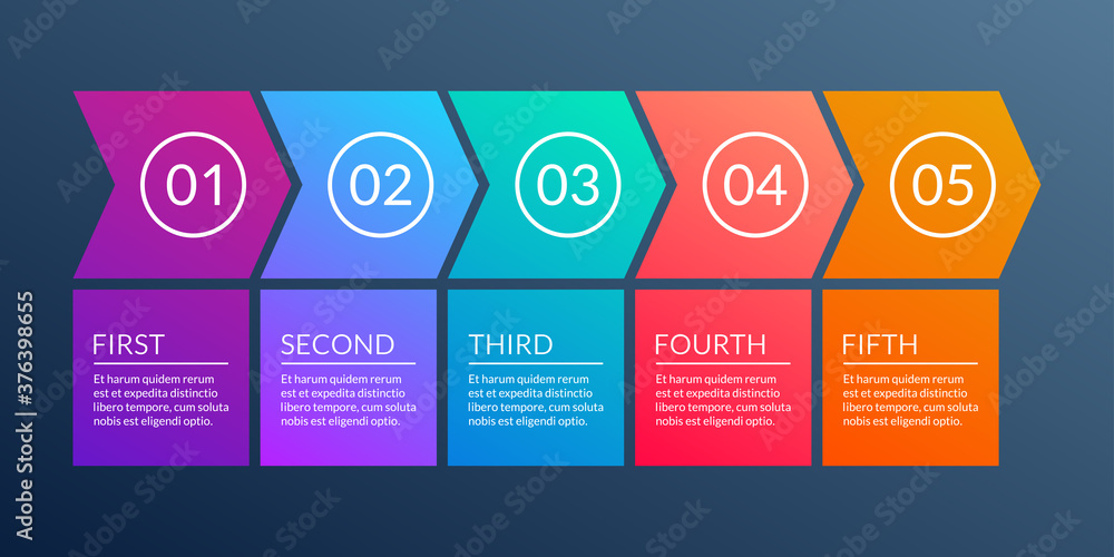 Poster 5 steps business process. timeline infographic with arrows and 5 elements, options or levels for flo