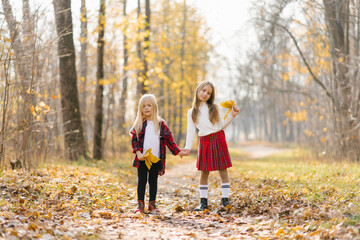 Beautiful girls sit in the yellow leaves of the autumn Park. Two sisters holding hands and walking in the woods. The concept of a happy childhood and a family