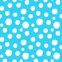 Abstract seamless pattern with white elements. Hand drawn style. White polka dots background on blue.