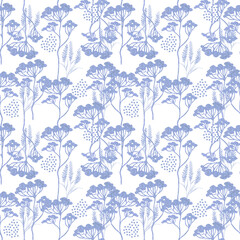 Floral seamless pattern with grass blue. Hand drawn sketch style. Nature background on white.