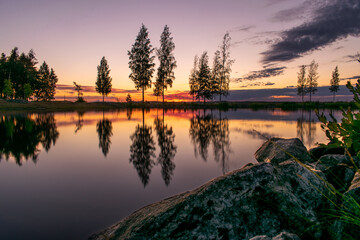 Sunset over the lake Näsijärvi with reflection in Tampere, Finland