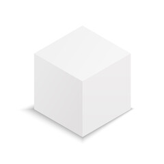 Cube 3d. Mockup of white box. Blank square package with shadow. Paper or carton isometric template for model of stand, object, gift, product and sugar. Realistic cubic shape in front. Vector