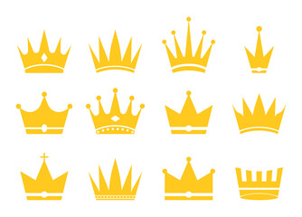 Crowns for king, queen, princess and prince. Gold icons for royal decoration. Silhouette of golden crown is symbol wealth and imperial majestic. Set of logos for premium or doodle style. Vector
