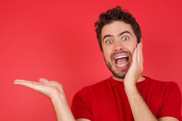 beautiful crazy Young handsome caucasian man wearing t-shirt over isolated red background with an hairstyle advising discount prices hold open palm new product