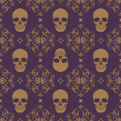 Decorative floral seamless pattern in vintage gothic style vector with skulls