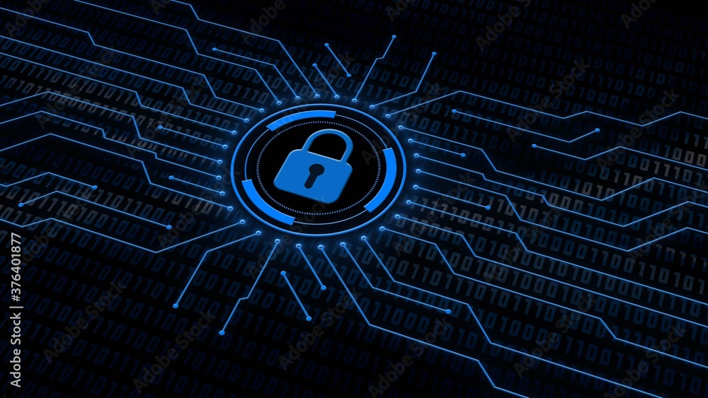 Poster digital security concept - closed padlock in center of concentric rings and data circuit lines in fr
