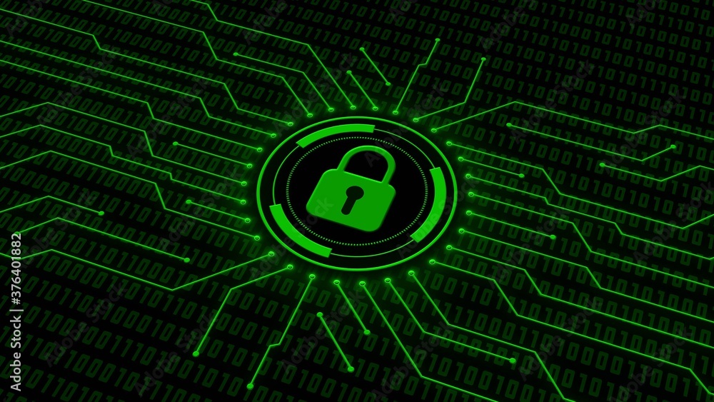 Poster digital security concept - closed padlock in center of concentric rings and data circuit lines in fr